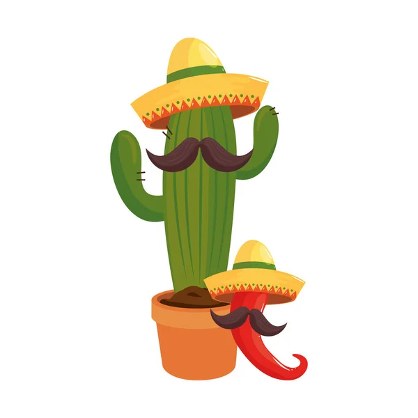 Cactus y chile mexicano con diseño vectorial de sombreros y bigotes — Archivo Imágenes Vectoriales