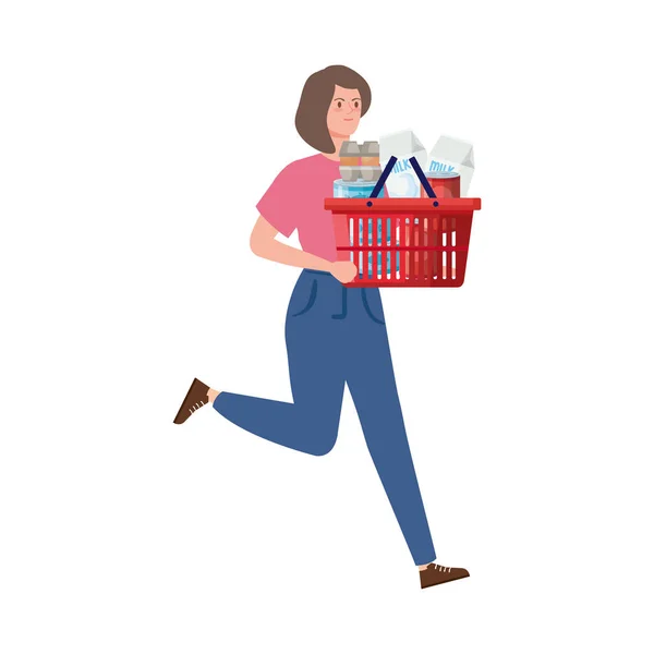 Женщина и корзина покупки с избытком продуктов — стоковый вектор