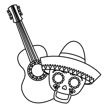 Şapkalı ve gitar vektör tasarımlı izole bir Meksika kafatası.