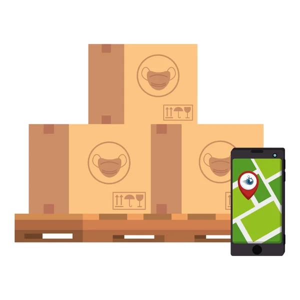 Boxes of face masks and smartphone with location app — Stock Vector