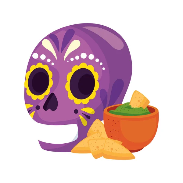Geïsoleerde Mexicaanse schedel en schaal met nachos vector ontwerp — Stockvector