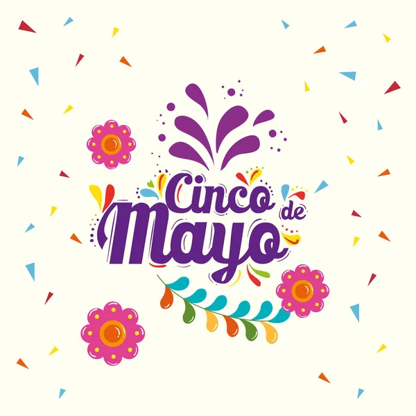 Fleurs mexicaines et confettis de Cinco de mayo design vectoriel — Image vectorielle