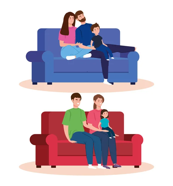 Campaign stay at home with family scenes in living room — Stock Vector