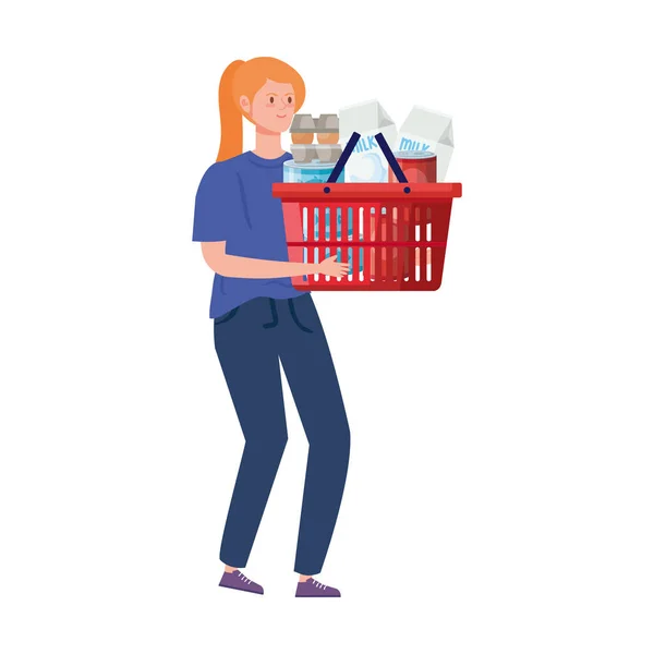 Kobieta i zakupy koszyka z nadmiarem artykułów spożywczych — Wektor stockowy
