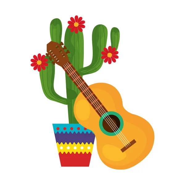 Geïsoleerde Mexicaanse cactus met bloemen en gitaar vector ontwerp — Stockvector