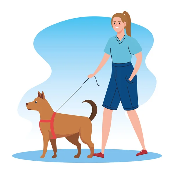 Mujer caminando su perro avatar carácter — Vector de stock