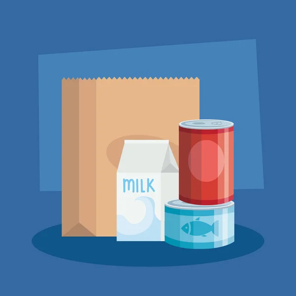 Cibo in lattina con scatola latte e sacchetto di carta — Vettoriale Stock