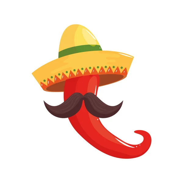 Diseño aislado del sombrero de chile mexicano y del vector del bigote — Vector de stock