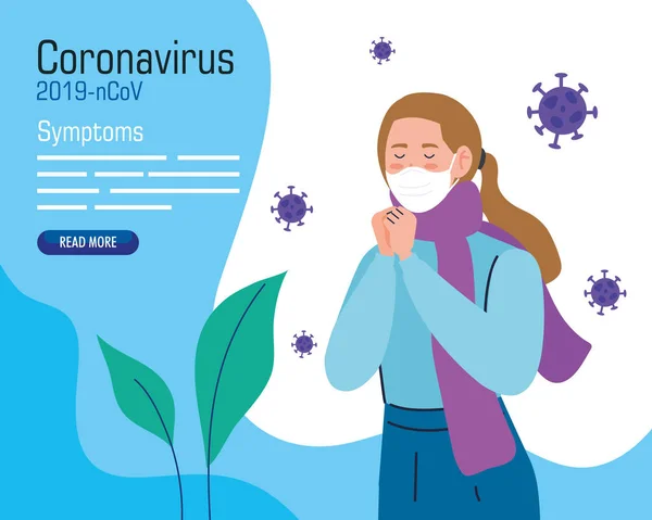 Jeune femme avec masque visage malade de coronavirus covid 19 — Image vectorielle