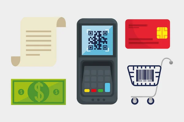 Qr code inside dataphone credit card cart receipt paper and bill vector design — Stock Vector