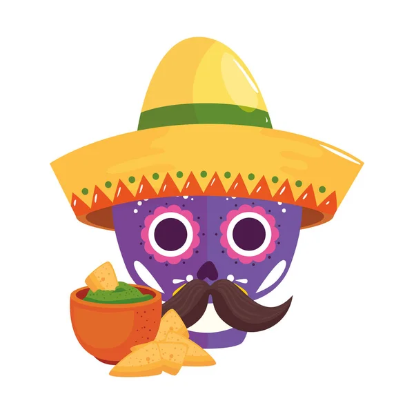 Calavera mexicana aislada con sombrero y tazón con diseño de vectores de nachos — Vector de stock