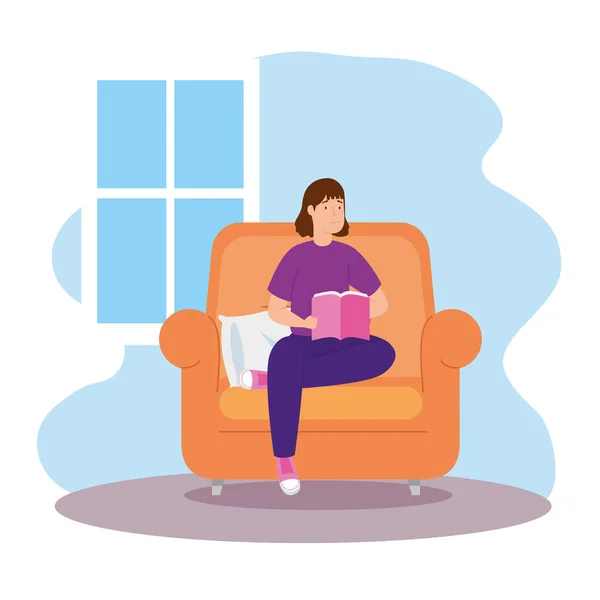 Εκστρατεία διαμονή στο σπίτι με τη γυναίκα στο σαλόνι ανάγνωση βιβλίο — Διανυσματικό Αρχείο