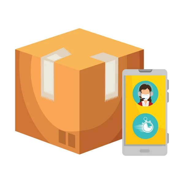 Smartphone con entrega de aplicaciones y paquete de caja — Vector de stock