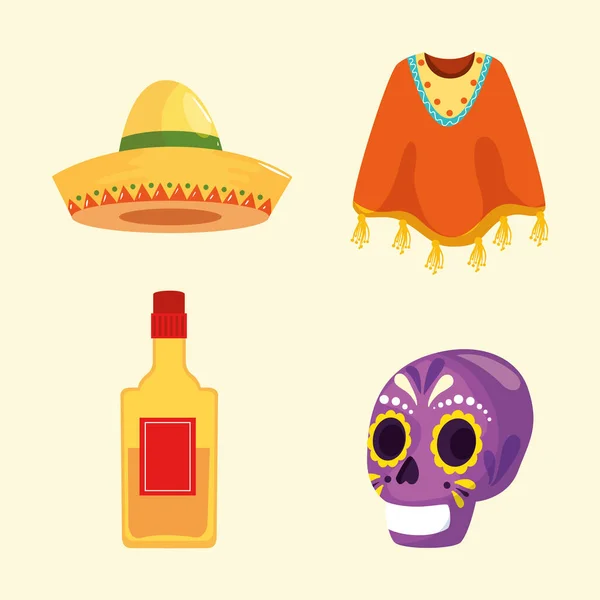 Mexikanska skalle tequila flaska poncho och hatt vektor design — Stock vektor