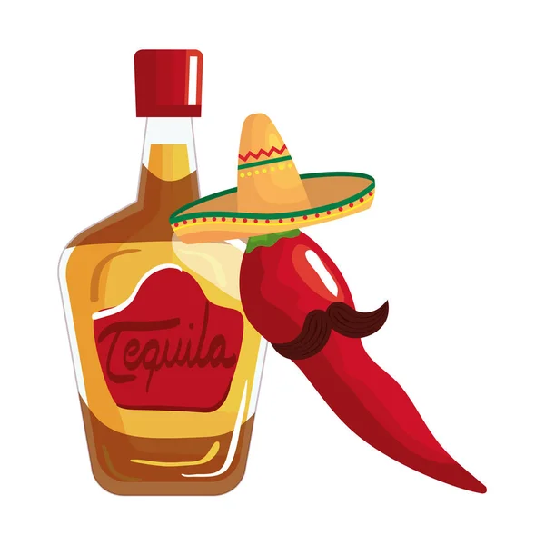 Garrafa de tequila mexicana chili com chapéu e design de vetor de bigode —  Vetores de Stock