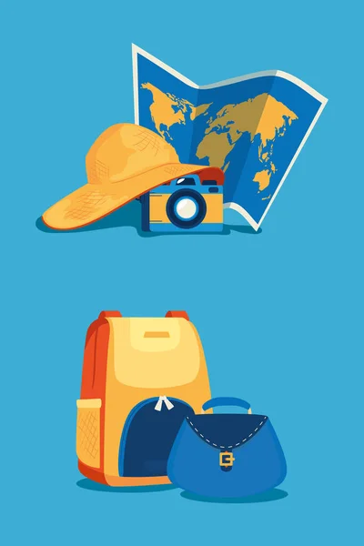 Suitcases with camera and paper map — Stock Vector