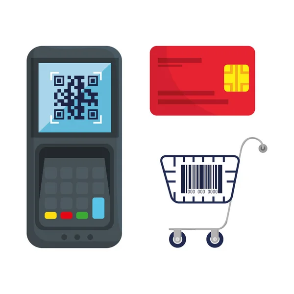 Qr code in datafoon credit card en kar vector ontwerp — Stockvector