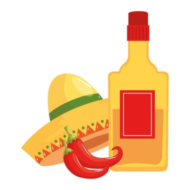 İzole edilmiş Meksika tekila şişesi şapkası ve biber vektör tasarımı