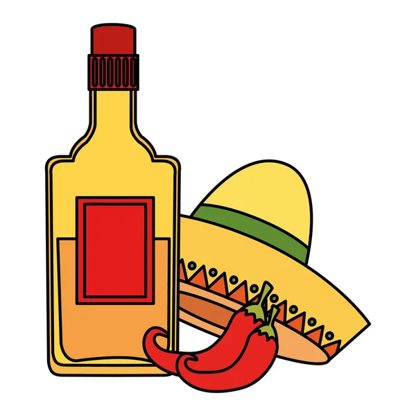 Изолированная мексиканская шляпа из бутылки текилы и векторный дизайн чили — стоковый вектор