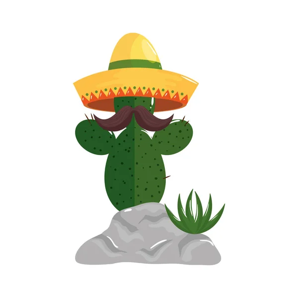 Cactus mexicano aislado con bigote y sombrero de diseño vectorial — Vector de stock