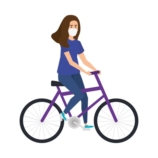 Bisikletli maskeli genç bir kadın. — Stok Vektör
