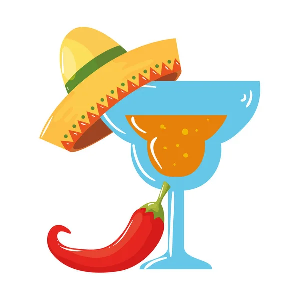 Cocktail mexicano isolado com chapéu e design de vetor de pimenta — Vetor de Stock