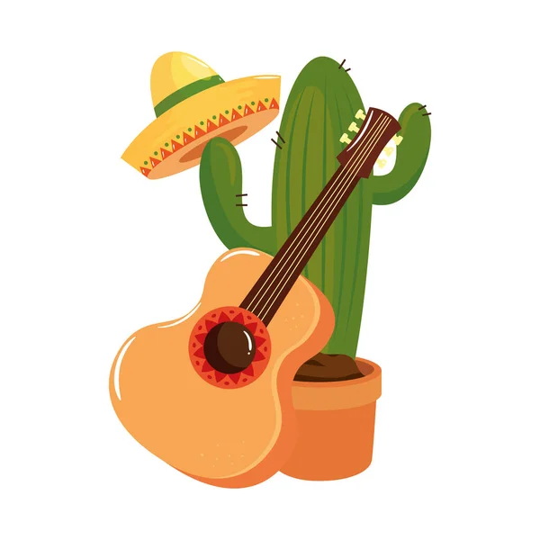 Sombrero de cactus mexicano aislado y diseño de vectores de guitarra — Vector de stock
