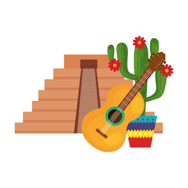 Izolált mexikói piramis kaktusz és gitár vektor tervezés — Stock Vector