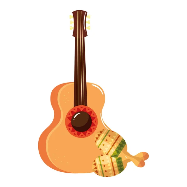 Guitarra mexicana isolada e design vetorial de maracas — Vetor de Stock