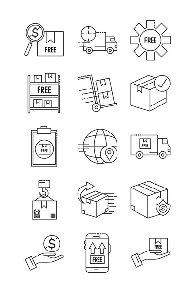 Paquete de entrega rápida e iconos de estilo de línea de entrega gratuita — Archivo Imágenes Vectoriales