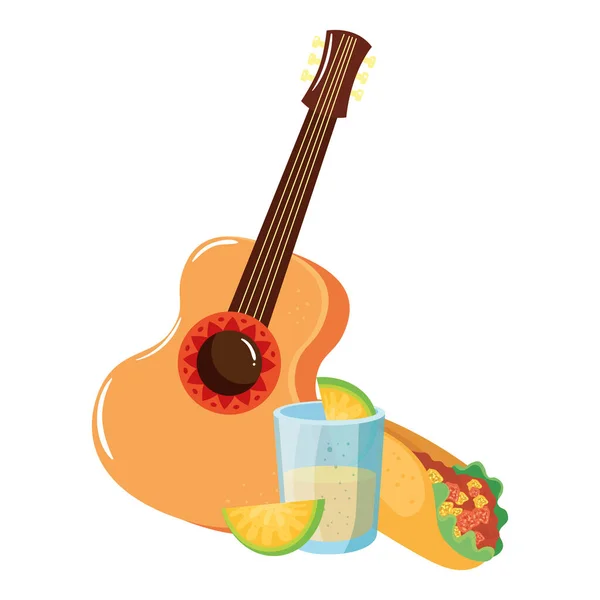 Isolated mexican guitar burrito tequila shot and lemon vector design — Stock Vector