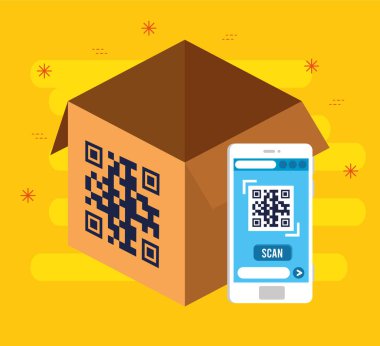 Akıllı telefon ve kutu vektör tasarımı içindeki qr kodu