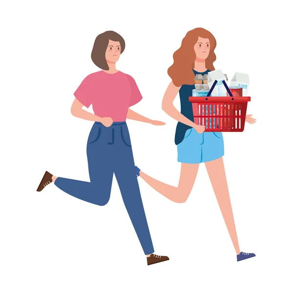 Las mujeres y la cesta de compras con exceso de comestibles — Archivo Imágenes Vectoriales