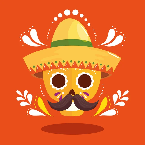 Calavera mexicana con diseño de vectores de sombrero y bigote — Vector de stock