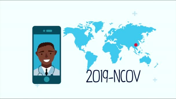 Läkare i smartphone med covid19 partiklar och jord planet — Stockvideo