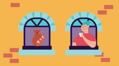 Kadın ve kedi apartman pencerelerinde kalıp kampanyalarını sürdürüyorlar