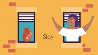 Kadın ve kedi apartman pencerelerinde kalıp kampanyalarını sürdürüyorlar