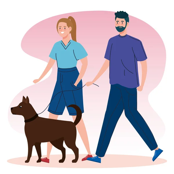 Casal andando seu cão personagem avatar —  Vetores de Stock