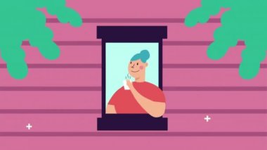 Apartman penceresinde kahve içen bir kadın.