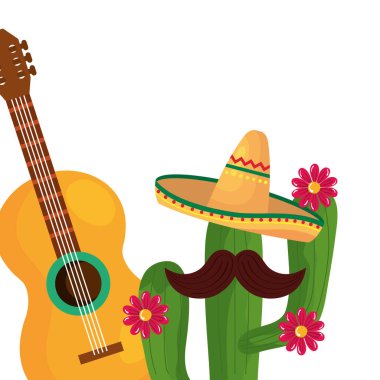 Şapkalı ve gitar vektör tasarımlı izole Meksika kaktüsü.