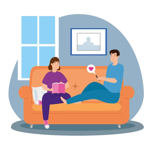 Campaign stay at home with couple in living room — Stock Vector