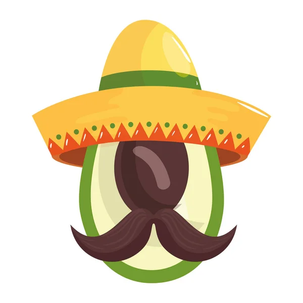 Aguacate mexicano aislado con diseño vectorial de sombrero y bigote — Vector de stock