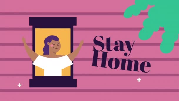 Женщина в окне квартиры остаться дома кампании — стоковое видео