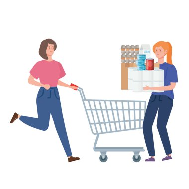 Kadınlar ve market arabaları alışveriş yapıyor.
