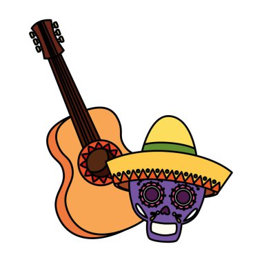 Şapkalı ve gitar vektör tasarımlı izole bir Meksika kafatası.