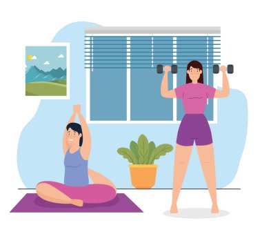Kadınlar evde yoga yapıyor ve ağırlık kaldırıyor.