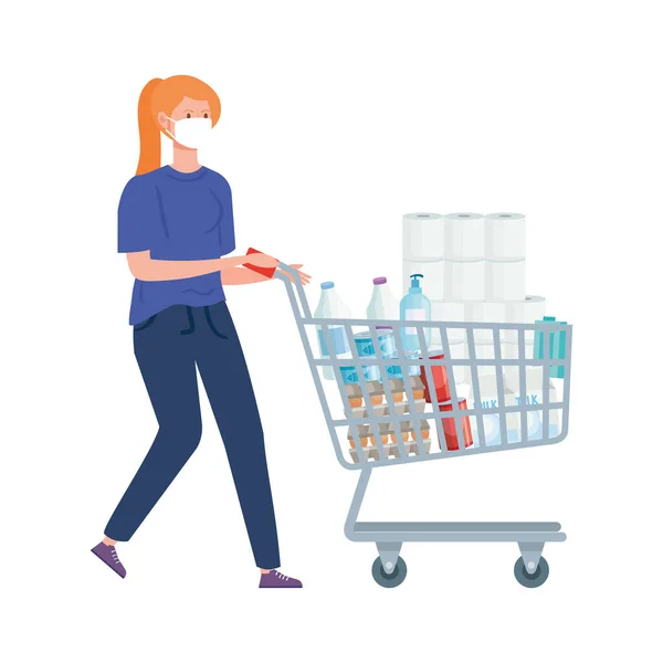 Donna e carrello shopping con generi alimentari in eccesso — Vettoriale Stock