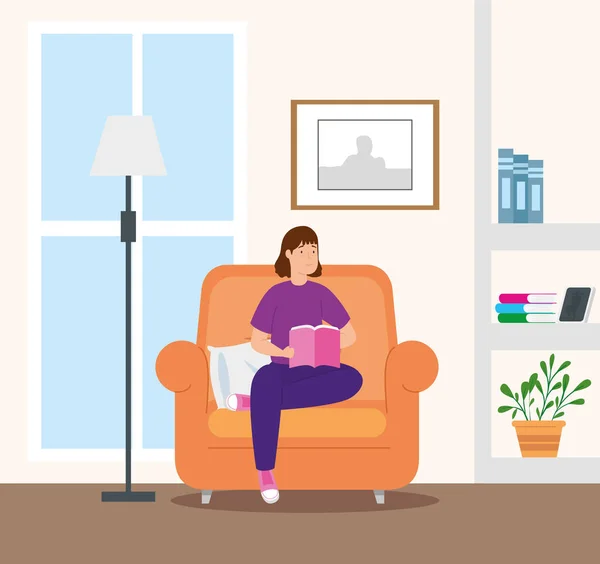 Stay at home with woman in living room reading book — стоковый вектор