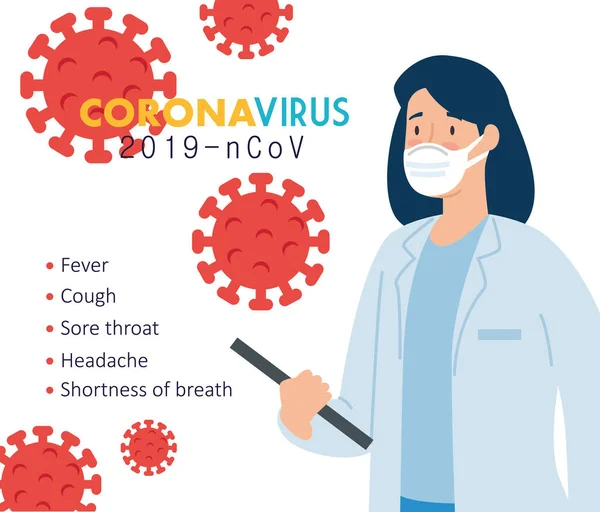 Лікар-жінка в плакаті симптому коронавірус 2019 ncov — стоковий вектор