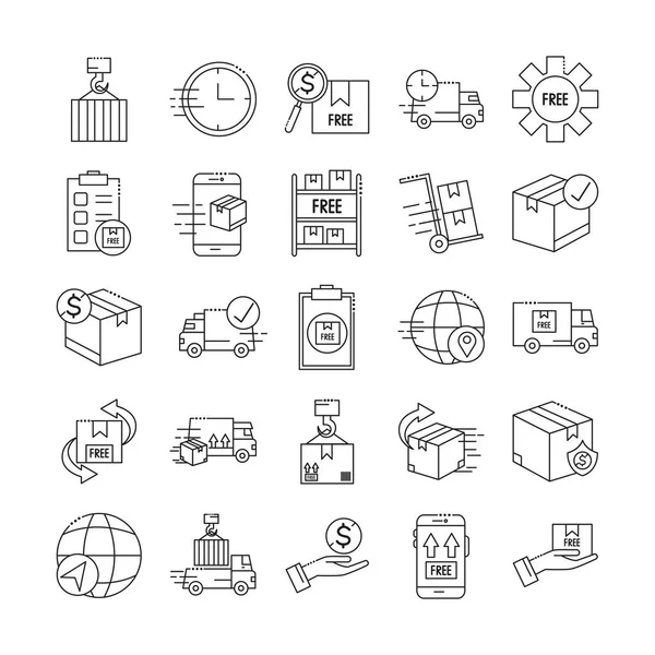 Paquete de entrega rápida e iconos de estilo de línea de entrega gratuita — Vector de stock